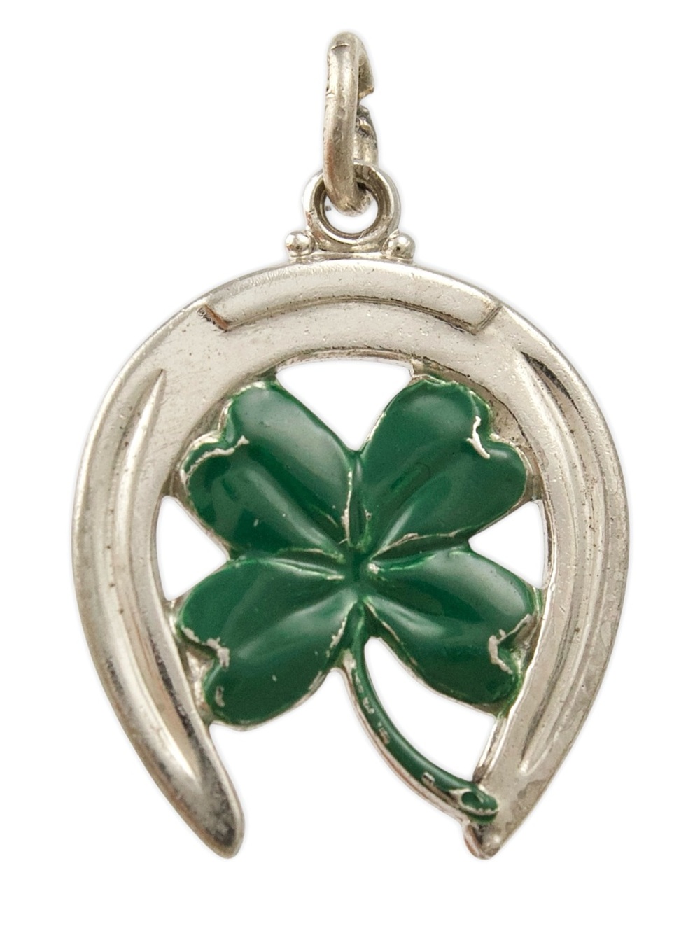 Vintage Sterling Silver Four-Leaf Clover Horseshoe Charm Pendant Mid-Century